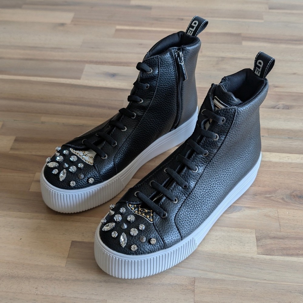 Karl Lagerfeld Paris Womens Embellished High Top Sneakers Leather Platform Sz 7.